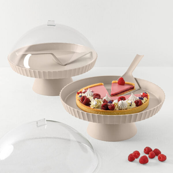 AGORA' Cake stand with Lid & Server , Moka Grey Color - AGORA' حامل كيك مع غطاء وأداة تقديم الكيك ، لون رمادي / بيج