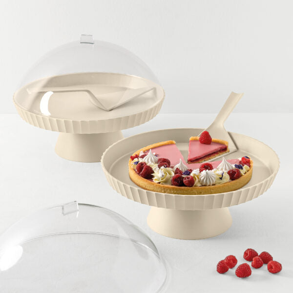 AGORA' Cake stand with Lid & Server , Brown Sugar Color - AGORA' حامل كيك مع غطاء وأداة تقديم الكيك ، لون بيج فاتح