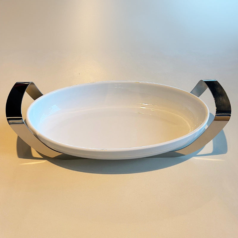 Mirror Oval Dish with holder medium - طبق بيضاوي مع حامل فضي/متوسط