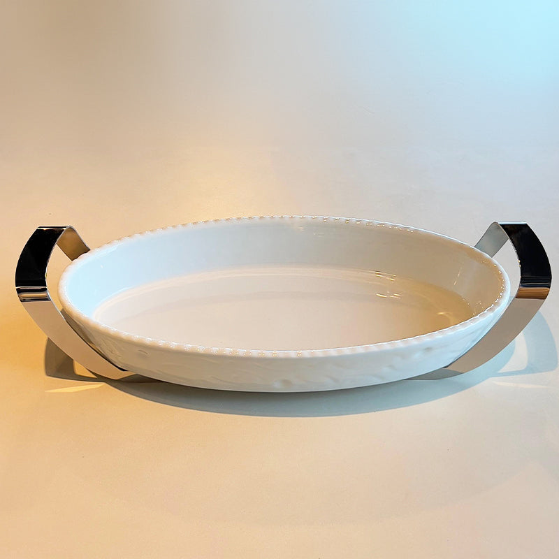 Mirror Oval Dish with holder large - طبق بيضاوي مع حامل فضي/كبير