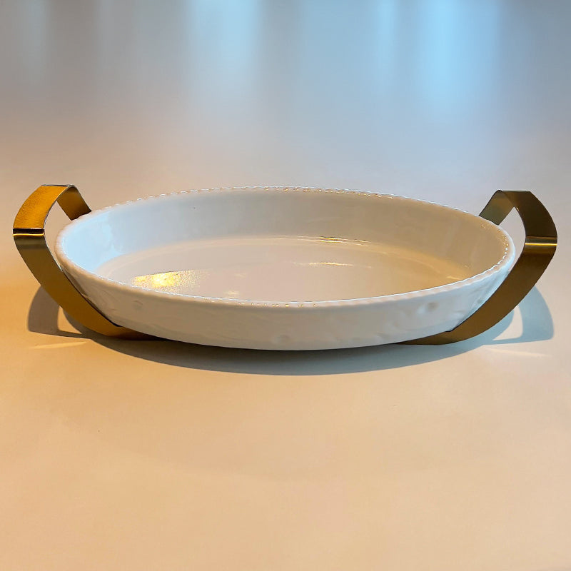 Gold Oval Dish with holder large - طبق بيضاوي مع حامل ذهبي/كبير