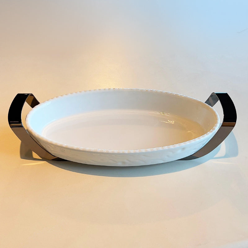 Shiny black Oval Dish with holder large - طبق بيضاوي مع حامل أسود لامع/كبير