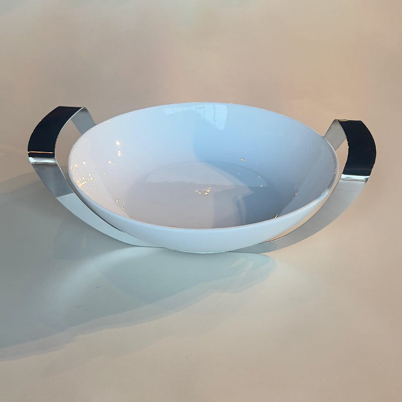 Mirror Polished Round Dish with holder large - طبق دائري مع حامل فضي/كبير