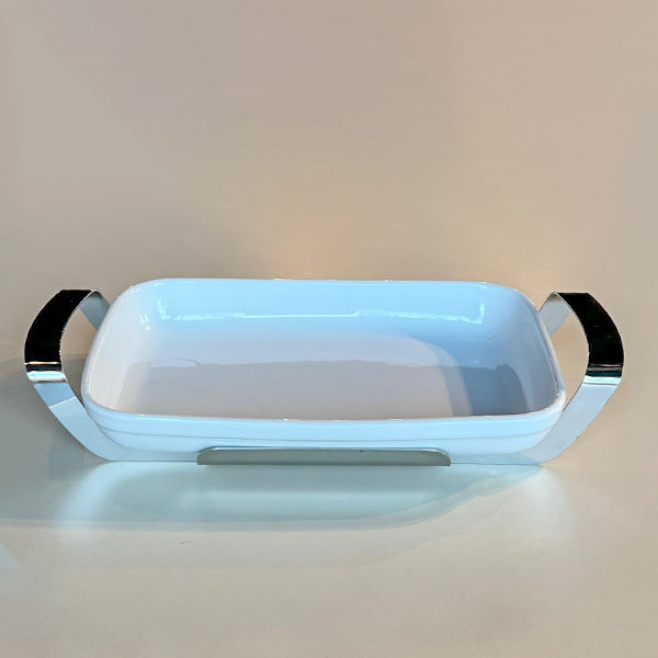 Mirror Rectangle Dish with holder large - طبق مستطيل مع حامل فضي/كبير