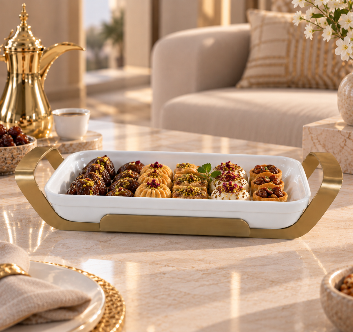 Matt Gold Rectangle Dish with holder large - طبق مستطيل مع حامل ذهبي/كبير