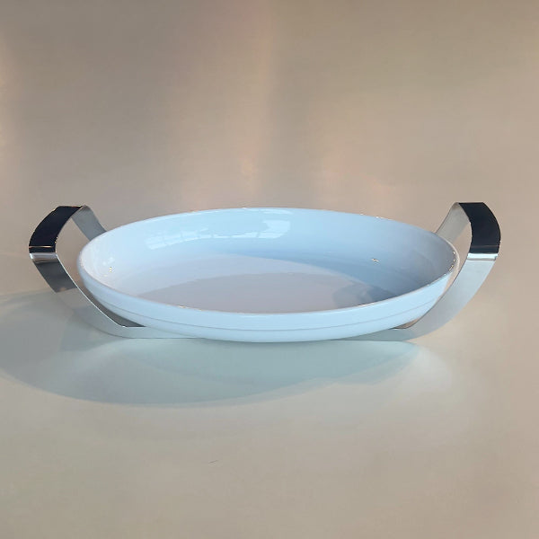 Oval Dish with holder Mirror Polished Large - طبق بيضاوي مع حامل فضي لامع/كبير