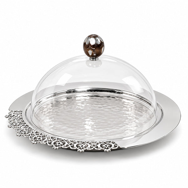 Round Metal Lace Tray With Msadaf Plexiglass Cover - Size Big - صينية دانتيل معدنية مستديرة مع غطاء زجاجي - حجم كبير