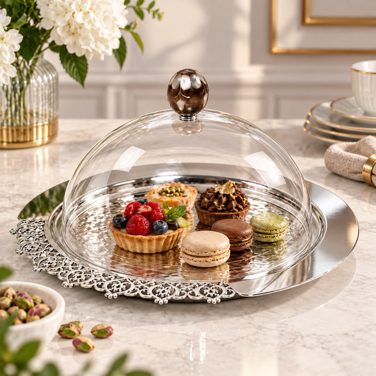 Round Metal Lace Tray With Msadaf Plexiglass Cover - Size Small - صينية دانتيل معدنية مستديرة مع غطاء زجاجي - حجم صغير
