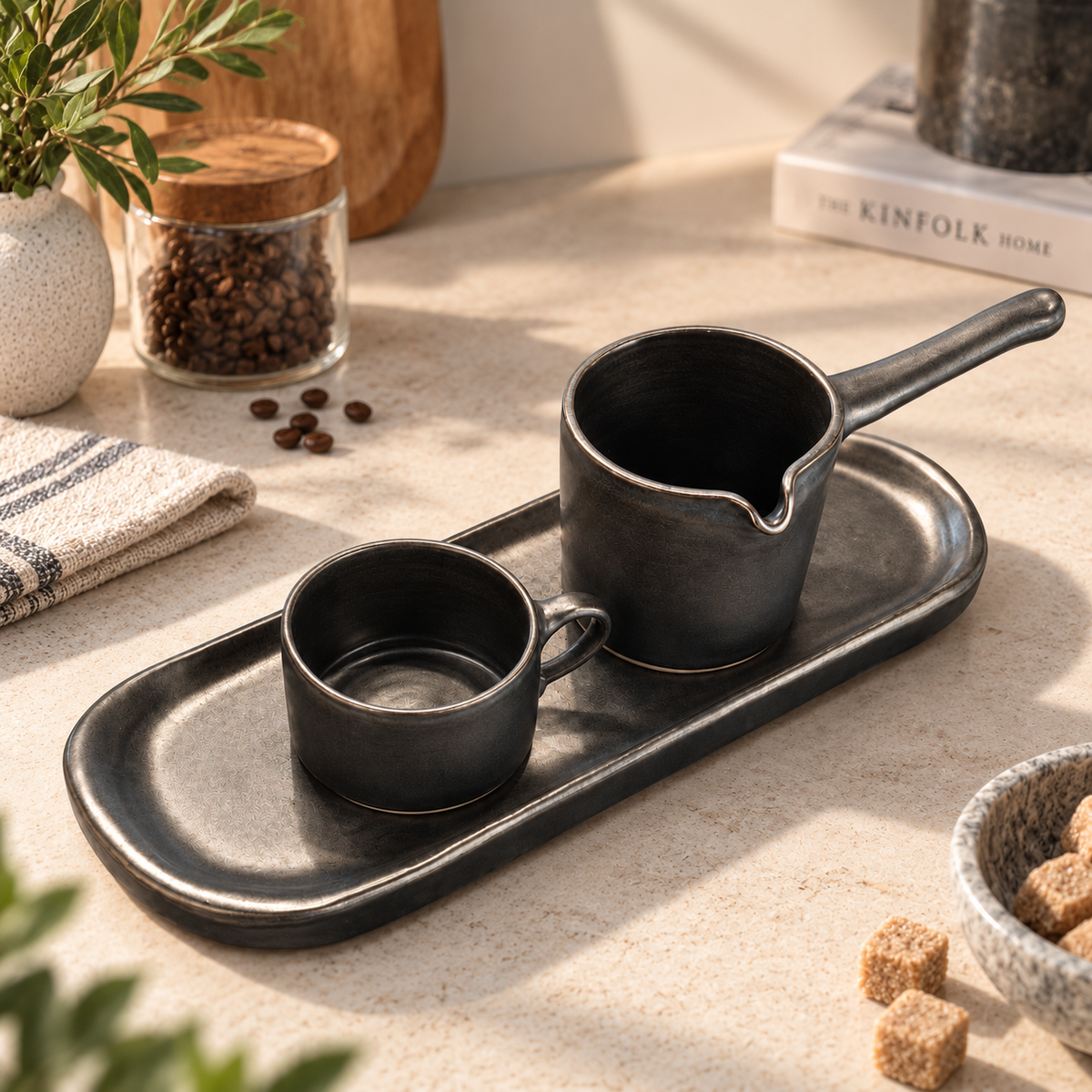 Natural Gres Set  3 pcs , Black Color  - طقم تقديم قهوة , 3 قطع , اللون أسود