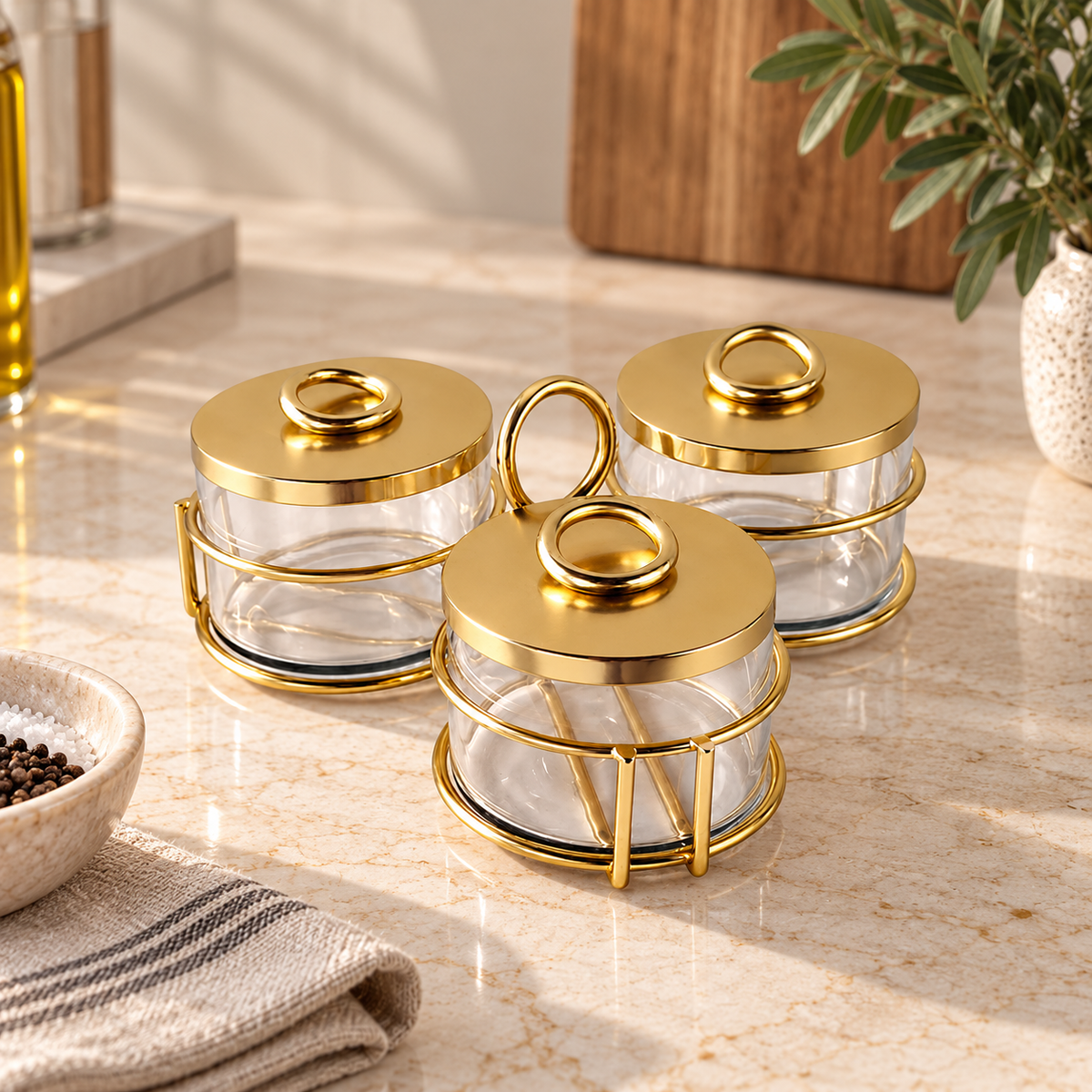 3 Condiment Set, Gold Color - طقم 3 علب بهارات ، لون ذهبي