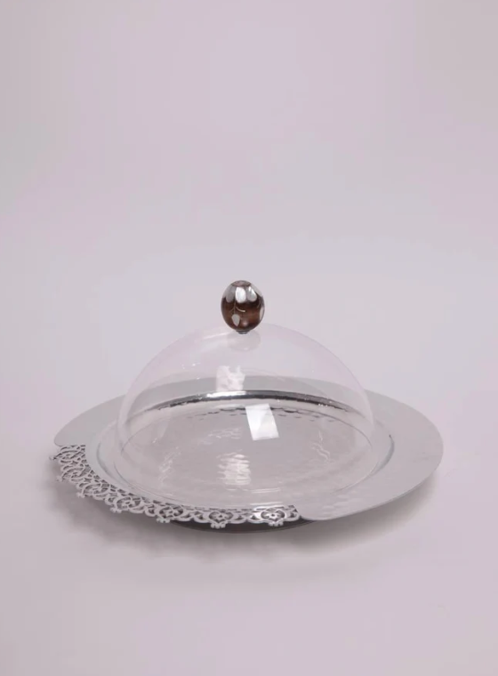 Round Metal Lace Tray With Msadaf Plexiglass Cover - Size Small - صينية دانتيل معدنية مستديرة مع غطاء زجاجي - حجم صغير