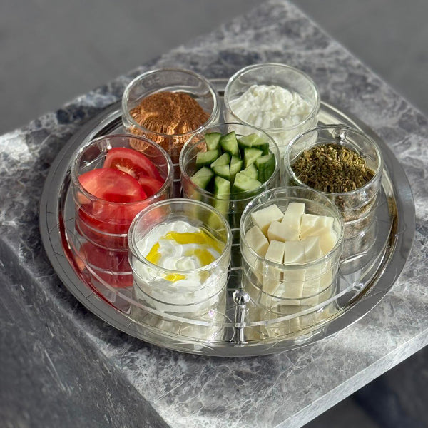 Abstract Silver Round Tray with 7 Cups - صينية دائرية فضية بتصميم أنيق مع 7 أكواب