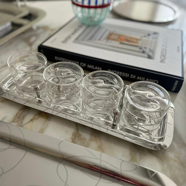 Abstract Silver Tray with 4 Cups - صينية فضية بتصميم أنيق مع 4 أكواب
