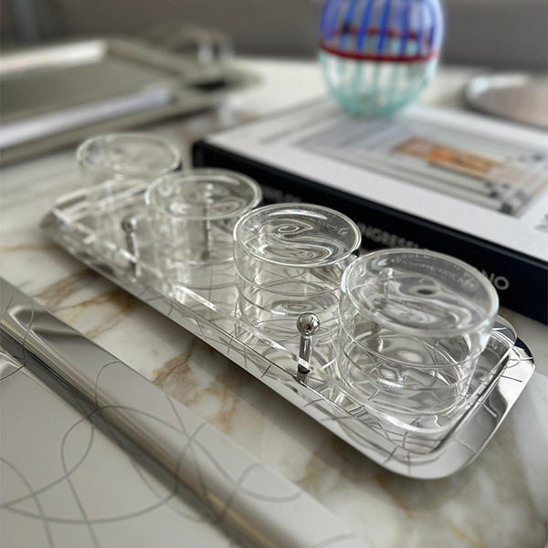 Abstract Silver Tray with 4 Cups - صينية فضية بتصميم أنيق مع 4 أكواب
