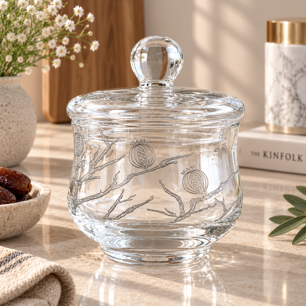 Pomegranate Engraving Sugar Bowl, Silver Color - وعاء سكر بنقش الرمان, فضي