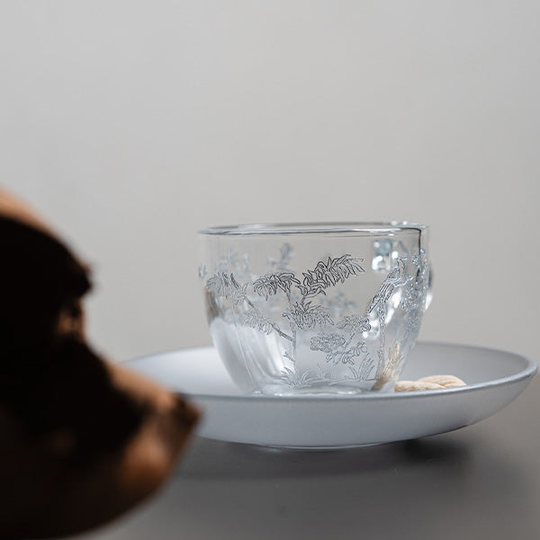 Silver Forest Espresso Cup , Silver Saucer - طقم اكواب إسبرسو مع صحن غير لامع بنقش الطائر والغصن ,فضي