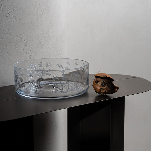 Silver Forest Large Bowl Glazed Satin 25 cm  - وعاء حلوى نقش الطائر والغصن فضي 25 سم