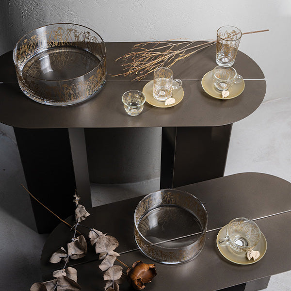 Gold Flying Botanical flower  Cappuccino Cup ,Saucer - طقم اكواب كابتشينو مع صحن غير لامع بنقشة نباتية ,ذهبي