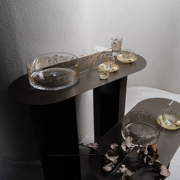 Gold Flying Botanical flower Large Bowl Glazed Satin 25 cm  -  وعاء تقديم بنقشة نباتية ذهبي 25 سم