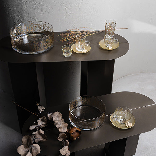 Gold Flying Botanical flower Large Bowl Glazed Satin 25 cm  -  وعاء تقديم بنقشة نباتية ذهبي 25 سم