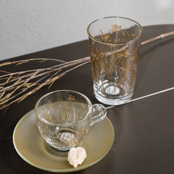 Gold Flying Botanical flower Espresso Cup ,Saucer -    طقم اكواب إسبرسو مع صحن غير لامع  بنقشة نباتية ,ذهبي