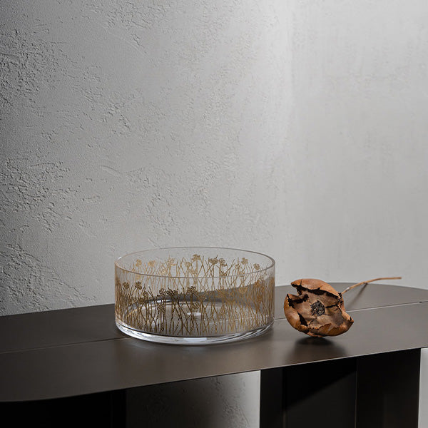 Gold Flying Botanical flower Glazed Satin 20 cm  -  وعاء تقديم  بنقشة نباتية ذهبي 20 سم