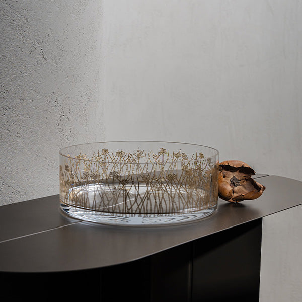 Gold Flying Botanical flower Large Bowl Glazed Satin 25 cm  -  وعاء تقديم بنقشة نباتية ذهبي 25 سم