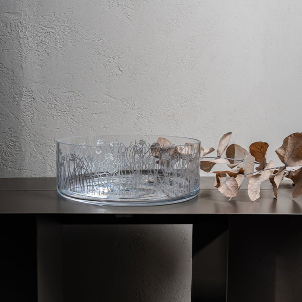 Silver Flying Botanical flower Large Bowl Glazed Satin 25 cm  -   وعاء تقديم بنقشة نباتية فضي 25 سم