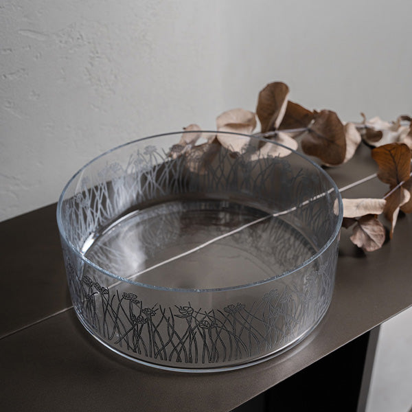 Silver Flying Botanical flower Glazed Satin 20 cm  - وعاء تقديم  بنقشة نباتية فضي 20 سم