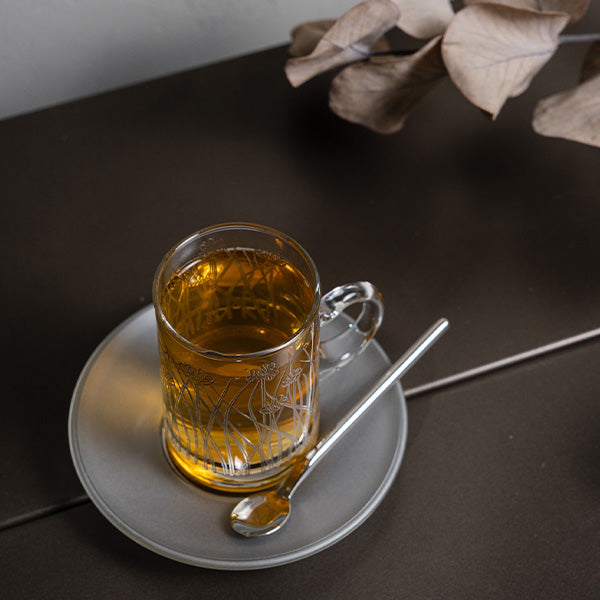 Silver Flying Botanical flower Istekana & Gahwa Set  -   طقم استكانات شاي وقهوة بنقشة نباتية فضي