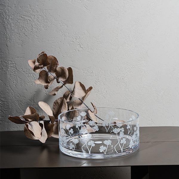 White Botanical  Bowl Glazed Satin 20 cm  - وعاء تقديم  بنقشة نباتية أبيض 20 سم