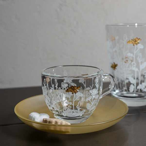 Gold Metalic Botanical flower Espresso Cup ,Saucer - طقم اكواب إسبرسو مع صحن غير لامع  بنقشة نباتية معدني,ذهبي