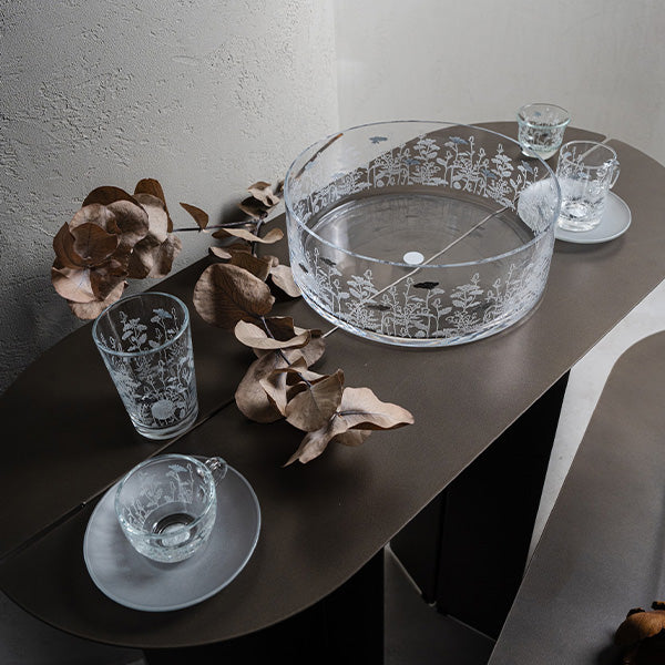 Silver Metallic Botanical flower  Large Bowl Glazed Satin 25 cm  - وعاء تقديم بنقشة نباتية معدني فضي 25 سم