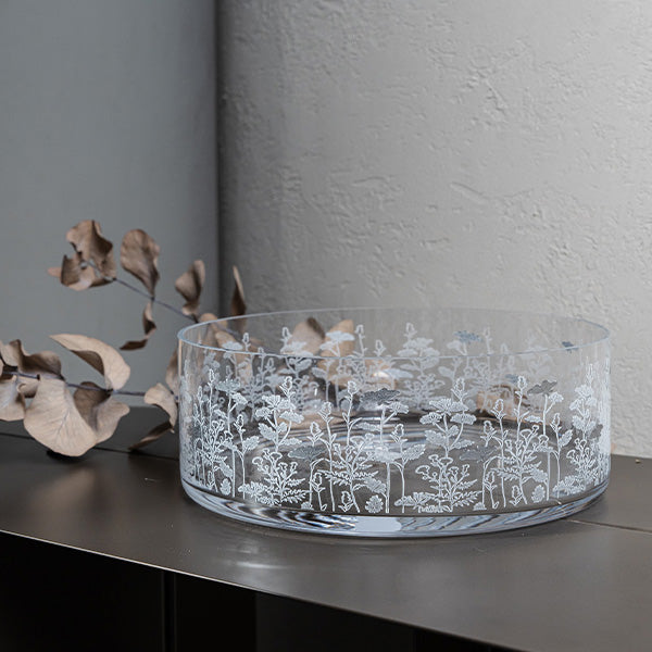 Silver Metallic Botanical flower  Large Bowl Glazed Satin 25 cm  - وعاء تقديم بنقشة نباتية معدني فضي 25 سم