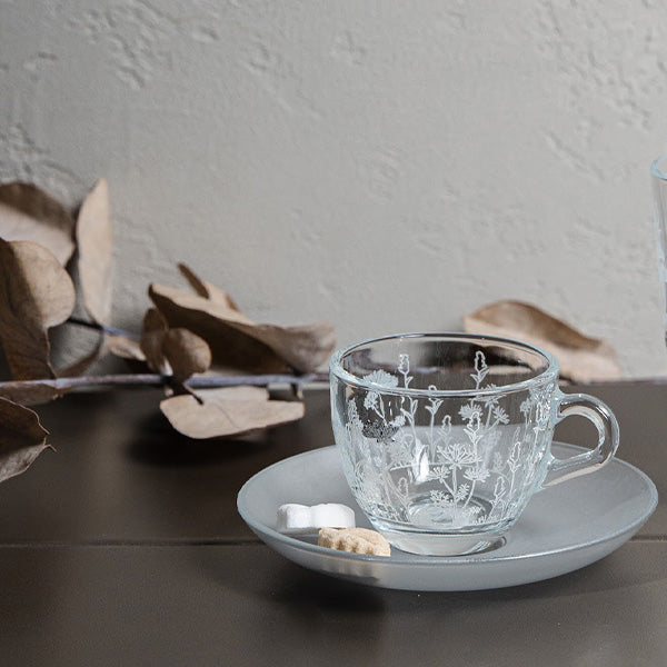 Silver Metalic Botanical flower Espresso Cup ,Saucer - طقم اكواب إسبرسو مع صحن غير لامع  بنقشة نباتية معدني,فضي