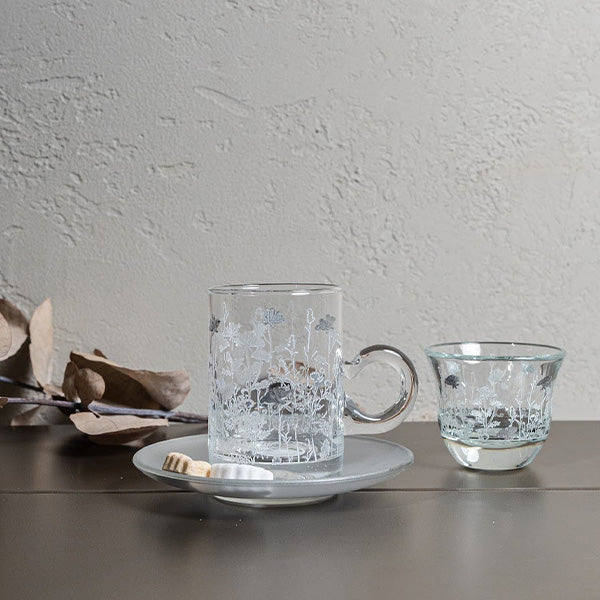 Silver Metallic Botanical flower Istekana & Gahwa Set  -  طقم استكانات شاي وقهوة بنقشة نباتية معدني فضي