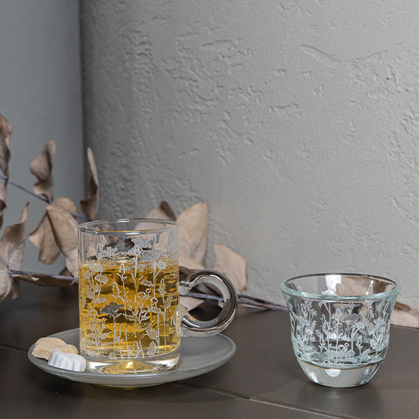 Silver Metallic Botanical flower Istekana & Gahwa Set  -  طقم استكانات شاي وقهوة بنقشة نباتية معدني فضي