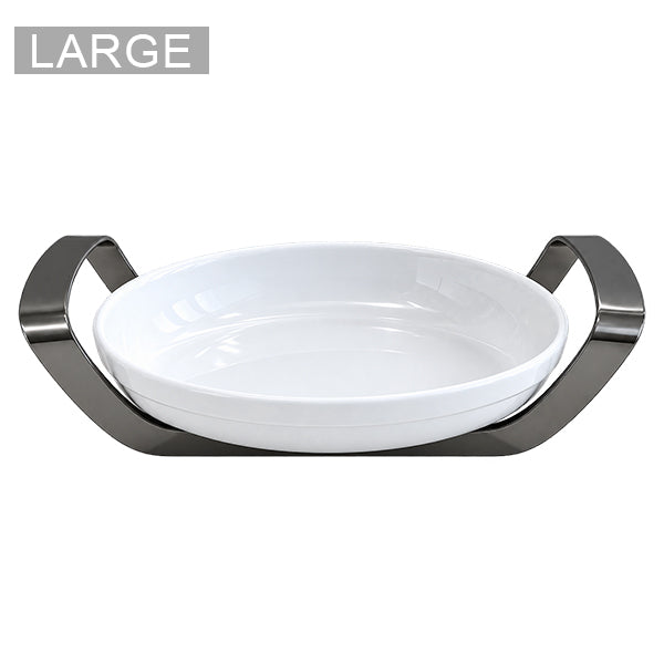 Shiny Black Oval Dish with holder Large - طبق بيضاوي مع حامل أسود لامع/كبير