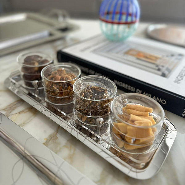 Abstract Silver Tray with 4 Cups - صينية فضية بتصميم أنيق مع 4 أكواب