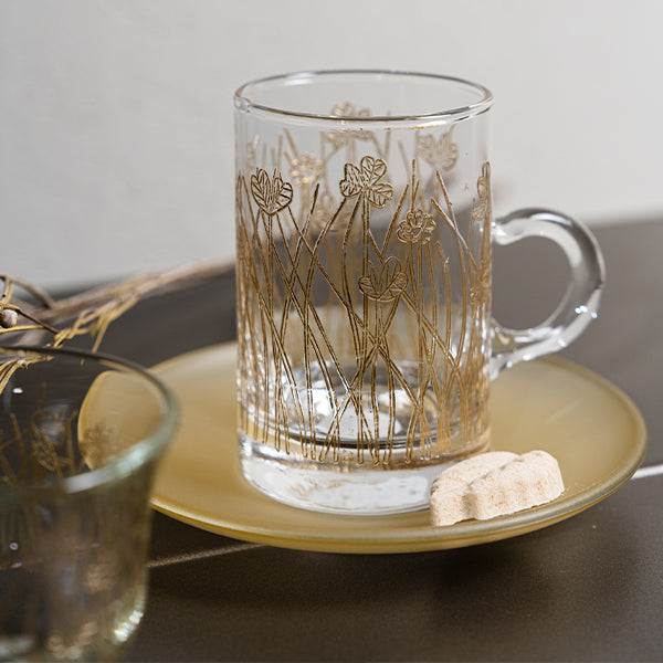 Gold Flying Botanical flower Istekana & Gahwa Set  -  طقم استكانات شاي وقهوة بنقشة نباتية ذهبي