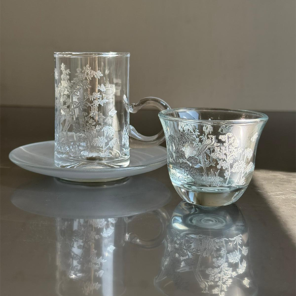 Silver Forest Istekana & Gahwa Set  -  طقم استكانات شاي وقهوة نقش الطائر والغصن الفضي