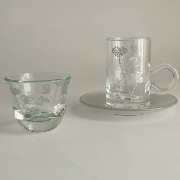 Silver Botanical Istekana & Gahwa Set  -  طقم استكانات شاي وقهوة بنقشة نباتية فضي