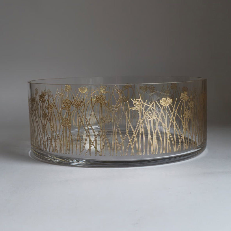 Gold Flying Botanical flower Large Bowl Glazed Satin 25 cm  -  وعاء تقديم بنقشة نباتية ذهبي 25 سم