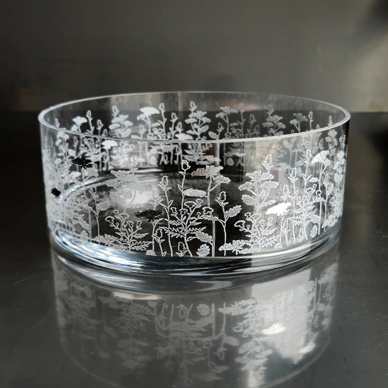 Silver Metallic Botanical flower  Large Bowl Glazed Satin 25 cm  - وعاء تقديم بنقشة نباتية معدني فضي 25 سم