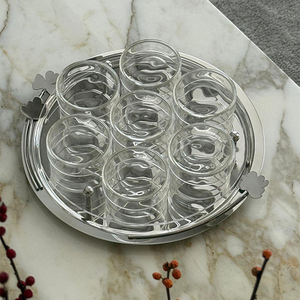 Botanical Round Acrylic Tray with 7-Cup Holder and Lid -صينية دائرية بنقشة نباتية من الأكريليك مع حامل 7 أكواب وغطاء