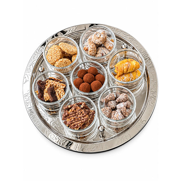 Silver Round Serving Tray with 7 Cups - صينية تقديم دائرية فضية مع 7 أكواب