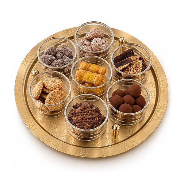 Gold Round Serving Tray with 7 Cups - صينية تقديم دائرية ذهبية مع 7 أكواب