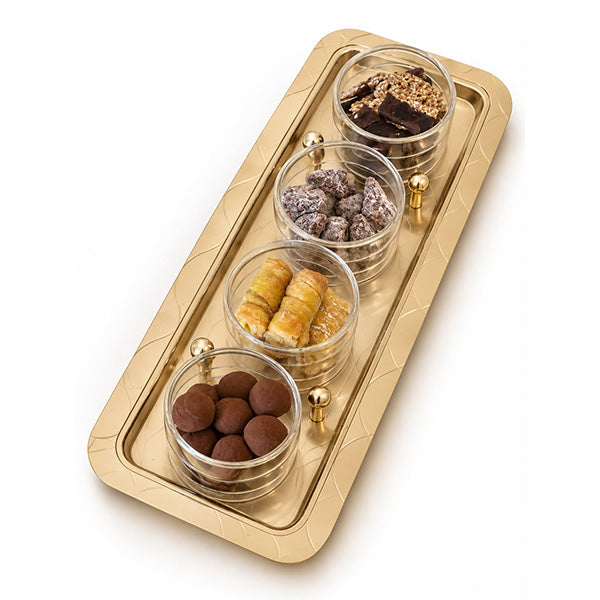 Abstract Gold Tray with 4 Cups - صينية ذهبية بتصميم أنيق مع 4 أكواب