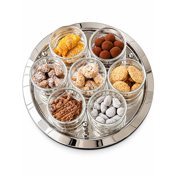 Abstract Silver Round Tray with 7 Cups - صينية دائرية فضية بتصميم أنيق مع 7 أكواب