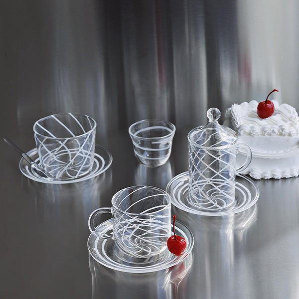 6 PC TEA CUP WITH LID AND SAUCER SWIRL STRIPES 6 PCS 11X12.5 CM - 6 قطع فناجين شاي مع غطاء وصحن خطوط دوامية 6 قطع 11 × 12.5 سم